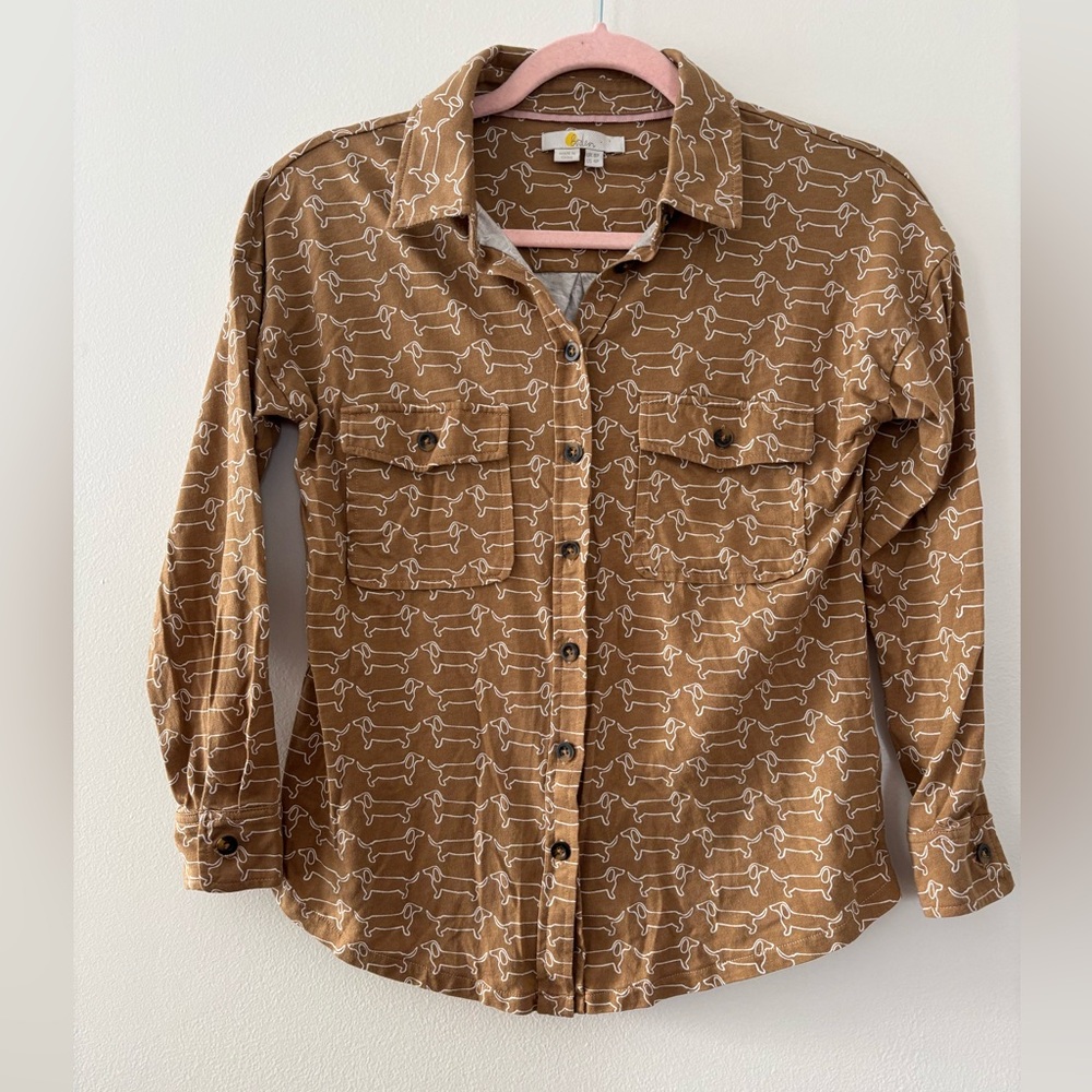 Boden Brown Collared Dachshund Shirt Long Sleeve 4 Petite Cotton Modal Blend
